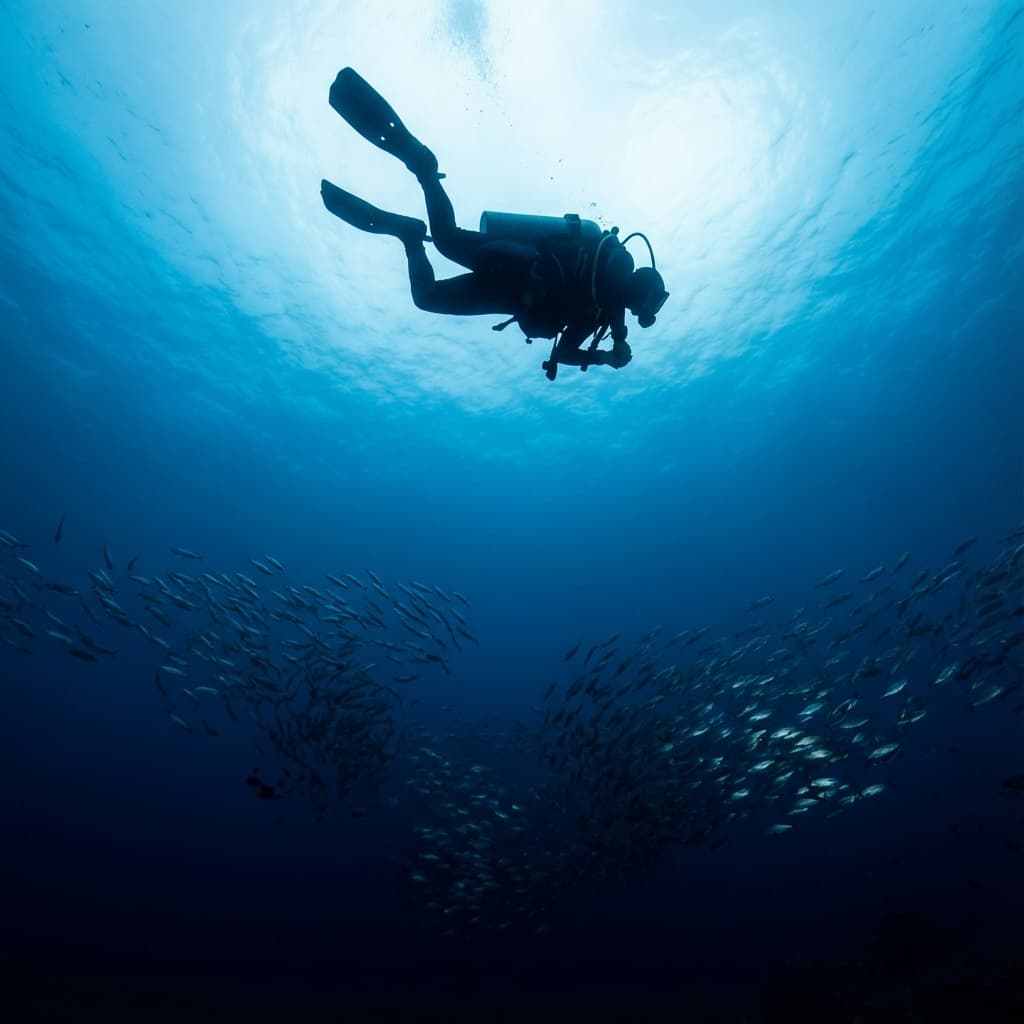 Diver descending into dark blue deep water