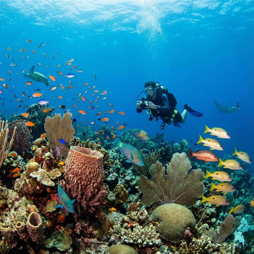 Close-up of diver underwater with full gear